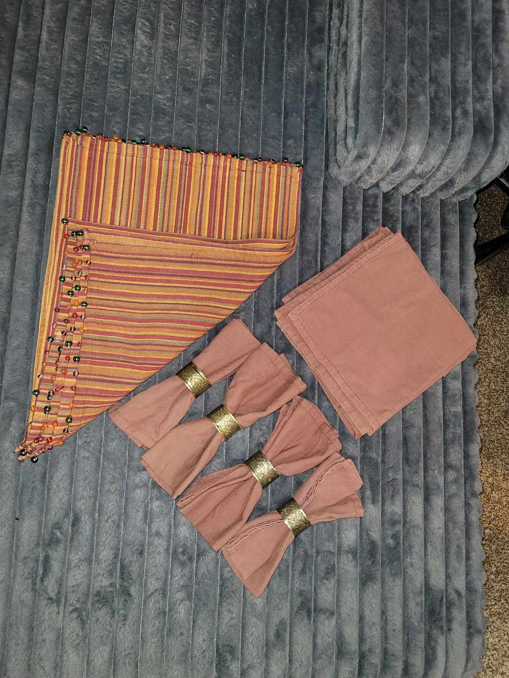 Pier 1 Rust Cloth Napkins with Striped Multicolor Beaded Runner And Napkin Rings